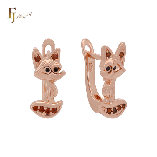 Cuty fox with red and black czs Rose Gold Russian Lock Earrings