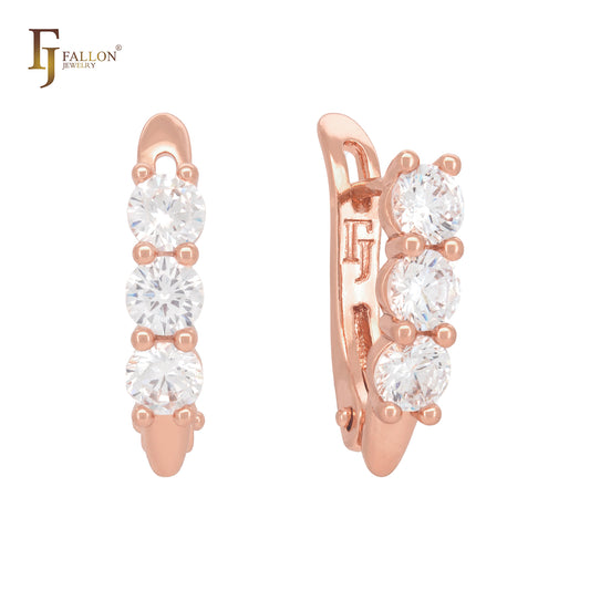 Triple cluster white rounded CZs Rose Gold Russian Lock Earrings