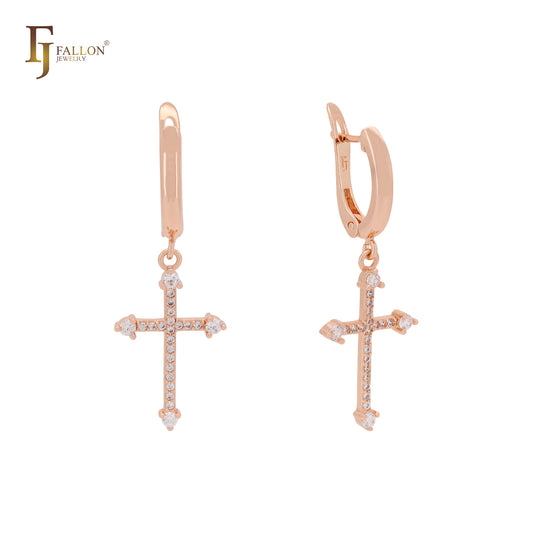Cluster white CZs cross drop Rose Gold Russian Lock Earrings