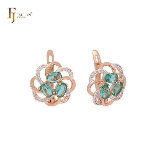 Triple oval cut czs flower filigree Rose Gold two tone Russian Lock Earrings