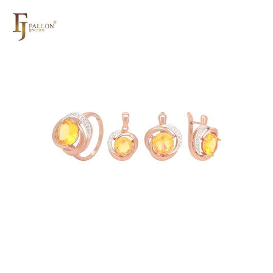 Conjunto de joias em dois tons de ouro rosa com anéis e pingente, solitário, laranja e roxo, CZ com CZs brancos