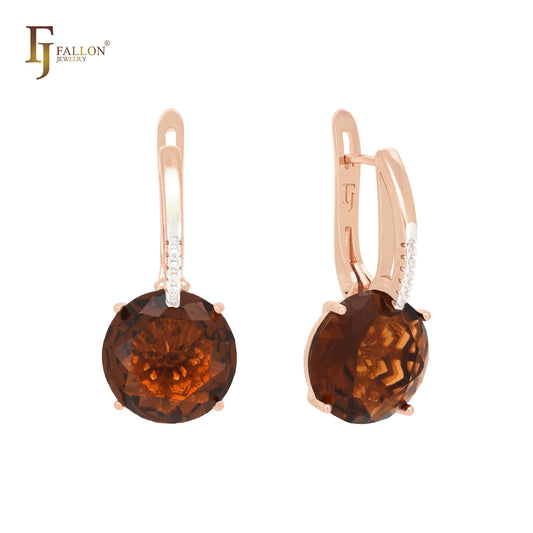 Giant rounded colorful solitaire CZ with white CZs Rose Gold two tone Russian Lock Earrings
