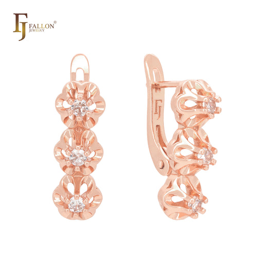 Triple clawed white CZs Rose Gold Russian Lock Earrings