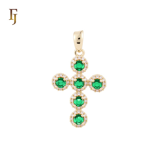 Luxurious six Halo Emerald stone of white CZs 14K Gold Cross Pendant Latin