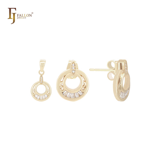 Conjunto de aretes tipo botón de oro de 14 quilates con circonitas blancas talla baguette y colgante.