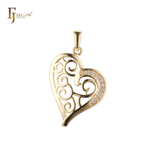 Filigree of Cloud mixed white CZs 14K Gold Heart Pendant
