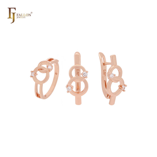 Conjunto de joias geométricas em ouro rosa com anéis e círculos duplos entrelaçados com zircônias cúbicas brancas