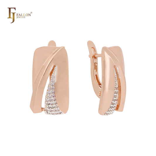 Ribbon of great paved white CZs Rose Gold two tone Russian Lock Earrings