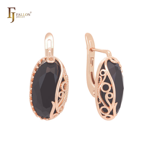 Great giant black oval cut Rose Gold Russian Lock Earrings