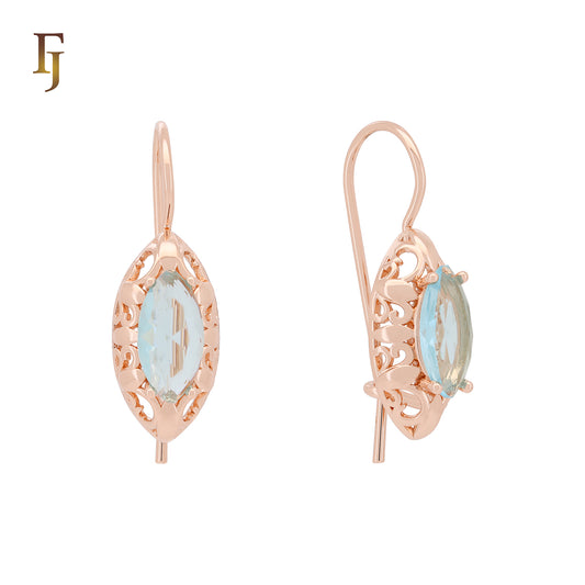 Elegant Filigree Marquise Wire Hook Earrings – 11.2×22mm Rose Gold with Red, Green, or Blue Stones by FJ Fallon Jewelry