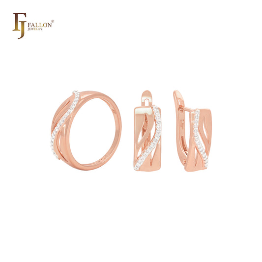 Conjunto de joias elegantes com zircônias cúbicas brancas e ouro rosa em dois tons com anéis