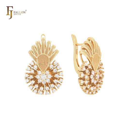 Luxurious thousand beads paved white CZs 14K Gold Russian Lock Earrings