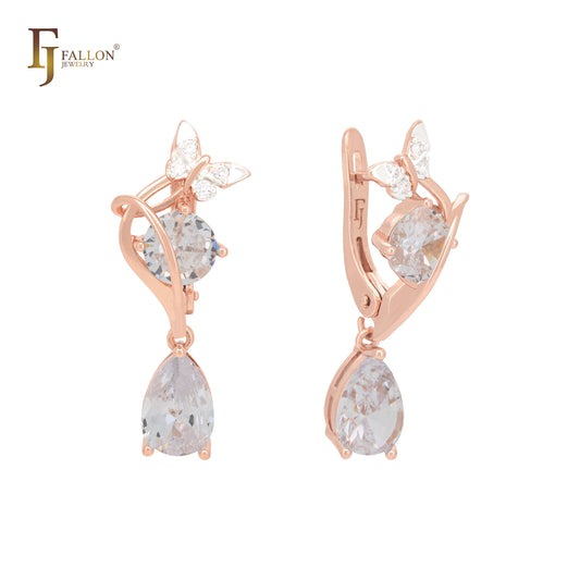 Butterfly with Lake Blue CZs Rose Gold Russian Lock Earrings