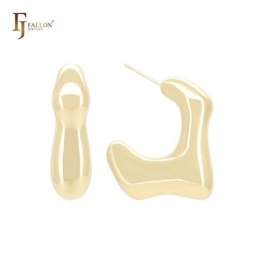 不規則な光沢のある幾何学的な形のCフープ14Kゴールド、ローズゴールド、ホワイトゴールドのスタッドイヤリング