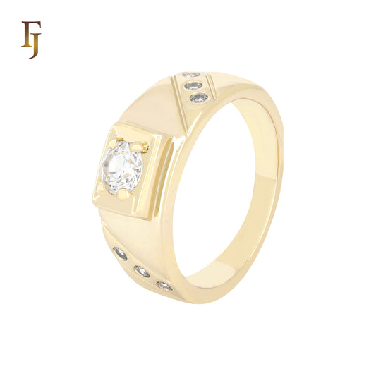 Solitaire White CZ Signet 14K Gold Men's Rings