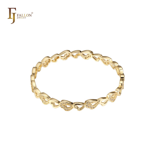Heart and Heart cluster white CZs mixed 14K Gold Bangle