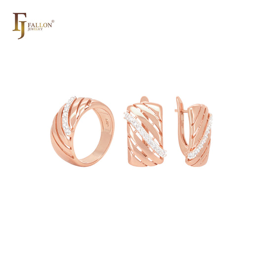 Janela de malha com zircônias cúbicas brancas Conjunto de joias em dois tons de ouro rosa com anéis