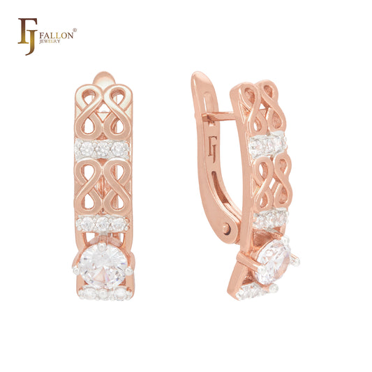 Double infinity 8 signs with white CZs Rose Gold Russian Lock Earrings
