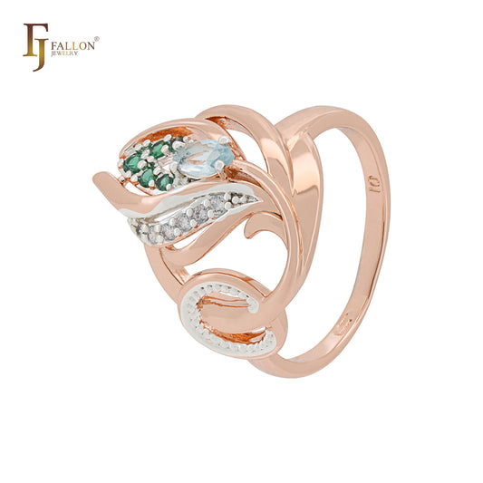 Luxurious phoenix peacock feather colorful CZs Rose Gold two tone Fashion Rings