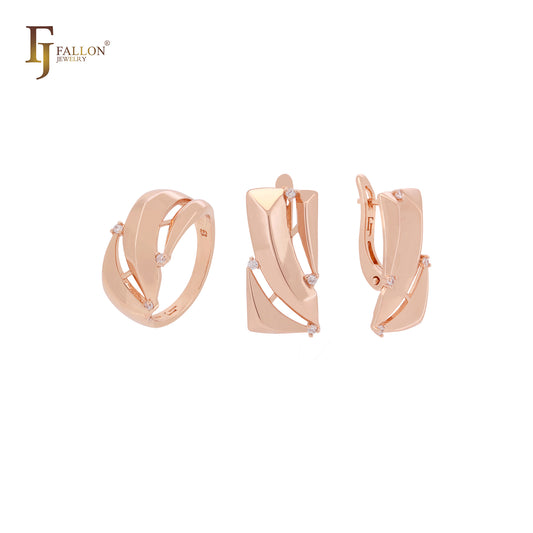 Conjunto de joyas de oro rosa con anillos y ventana cuadrada de circonitas blancas