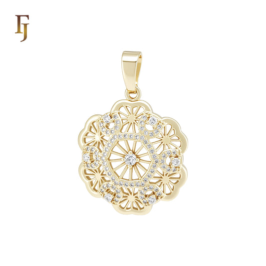 Radiant Hexagon Snowflake white CZs 14K Gold Filigree Pendant