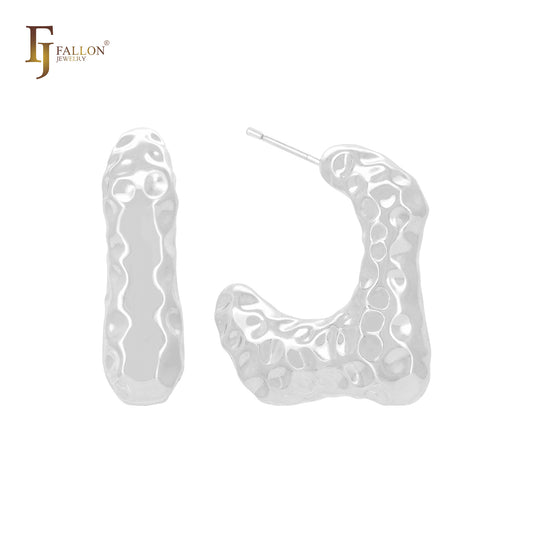 不規則な凹凸のある幾何学的なCフープ14Kゴールド、ローズゴールド、ホワイトゴールドスタッドイヤリング