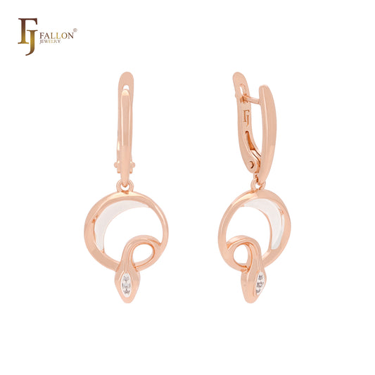 Circular snake of white CZs Rose Gold two tone Russian Lock Earrings