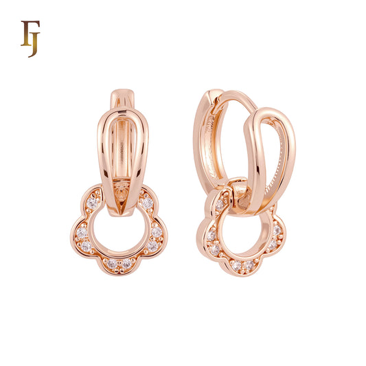 White CZs rounded flower drop Curved shape Rose Gold Huggie Earrings