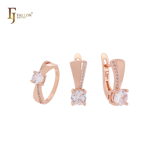 Conjunto de joias de ouro rosa com zircônias cúbicas brancas e pavê e anéis