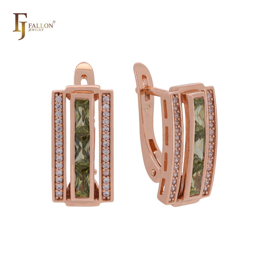 Double row of white CZs and baguette Colorful CZs Rose Gold Russian Lock Earrings