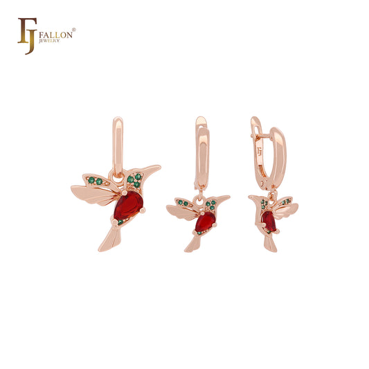 Conjunto de joyas de oro rosa con colibrí de circonitas cúbicas de colores y colgante