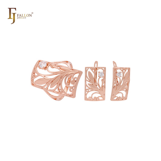 Conjunto de joias em ouro rosa com filigrana quadrada de folhas e galhos e anéis