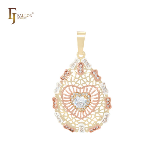 Heart-Shaped Crystal Teardrop Pendant | 14K Gold & Rose Gold Plated Filigree Necklace Charm – FJ Jewelry