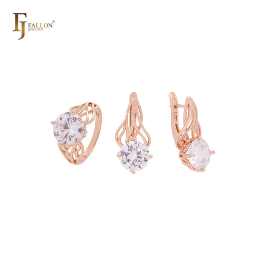 Conjunto de joias de ouro rosa com zircônia cúbica branca arredondada e grande solitário com mil fileiras de ramos e anéis