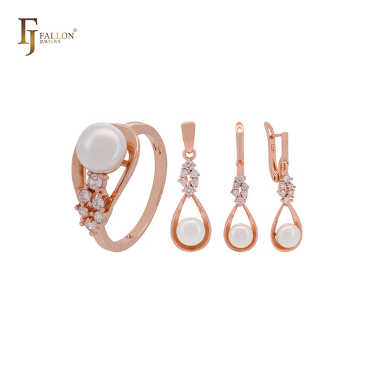 Elegante conjunto de joyas de oro rosa con perla y circonitas blancas, anillos y colgante