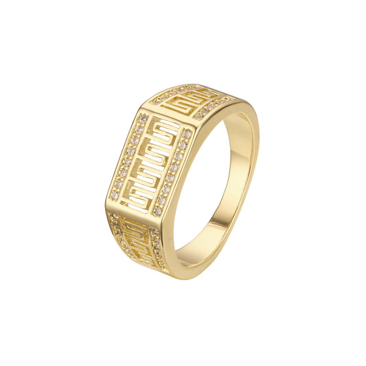 CZs brancas pavimentadas com chave grega. Ouro 14K, anéis de ouro rosa.