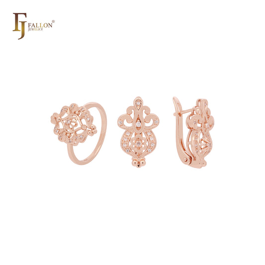 Conjunto de joyas de oro rosa de 14 quilates con circonitas blancas en filigrana y anillos.