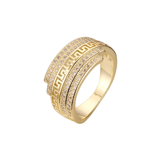 Anéis da moda em ouro 14K com zircônias cúbicas brancas pavimentadas e chave grega