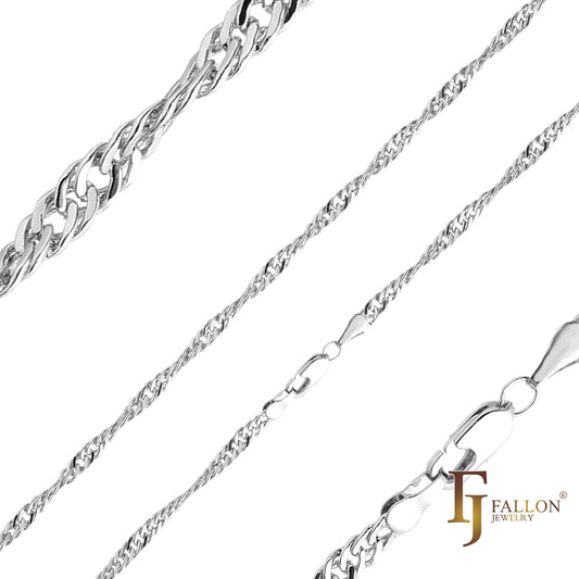 .Correntes clássicas de ouro 14K de elo único de Cingapura, dois tons, ouro 18K