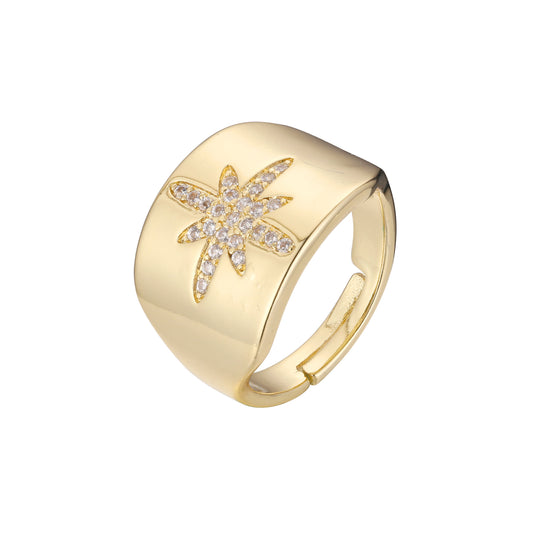 ワイド クラスター ホワイト CZ フラワー スター 14K ゴールド、ローズゴールド オープン リング