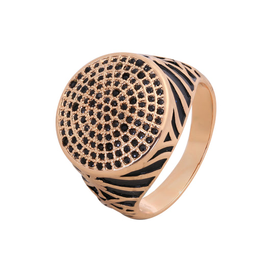 クラスター ホワイトまたはブラック CZ ローズ ゴールド メンズ ラウンド シグネット リング