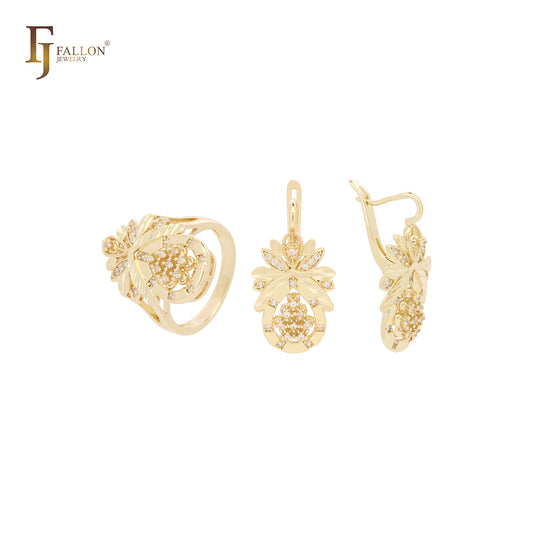 Conjunto de joyas con anillos en oro de 14 quilates con circonitas blancas en forma de flor de piña
