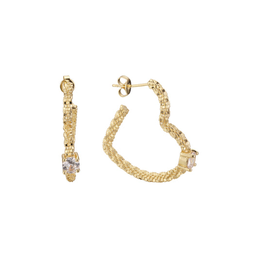 Brincos solitários de coração C hoop em ouro 14K, cores banhadas a ouro rosa