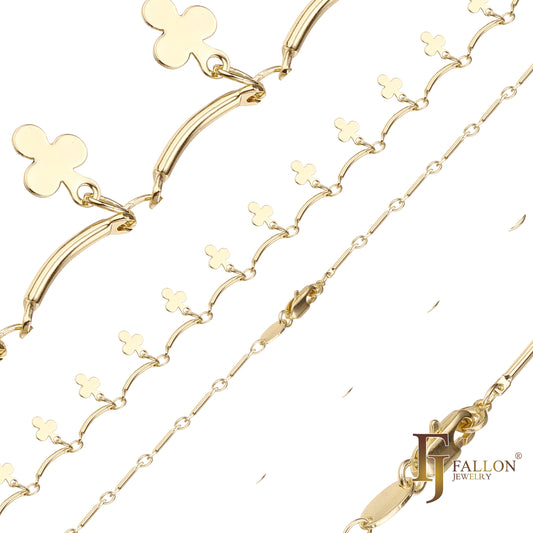 14K 金、玫瑰金花式条形和三叶草链条