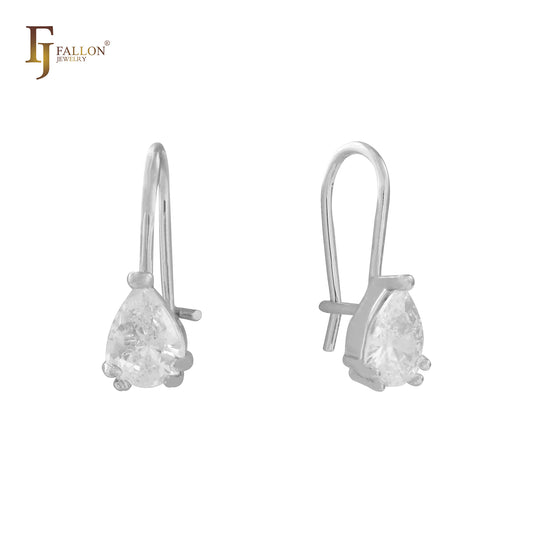 Gancho de alambre CZ blanco en forma de lágrima de oro de 14 quilates, pendientes infantiles de oro blanco
