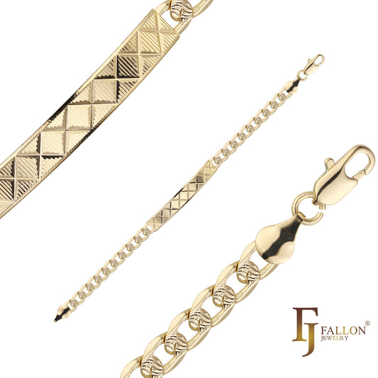 Eslabón cubano martillado Pulseras de identificación para hombre chapadas en Oro 14K