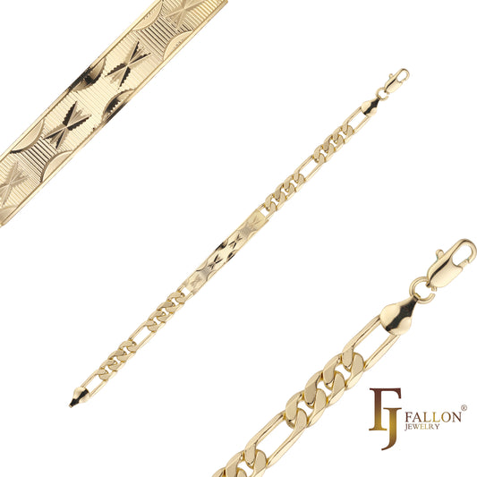 Мужские браслеты Figaro link с текстурированным удостоверением личности из 14-каратного золота