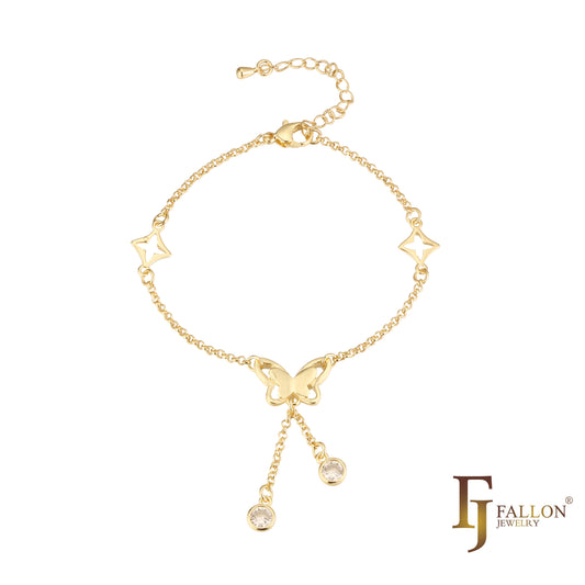 Pulseiras de borboleta e estrelas banhadas a ouro 14K, ouro 18K, ouro rosa, duas cores