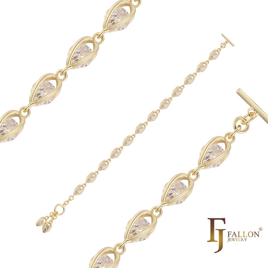 Браслеты с фантазийными звеньями «Камни в клетках», покрытые золотом 14К и розовым золотом