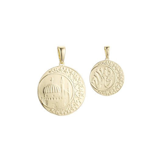 Colgante islámico de la luna y el templo en colores chapados en Oro 14K, oro rosa y oro blanco
